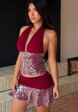 Women's Sexy Sequin Halter Neck V Neck Lace-Up Cami Top and Mesh Skirt Two Piece Set