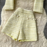 Fall Women’s Slim Fit Trendy Style Embellished Jacket and High Waist Shorts Two-Piece Set