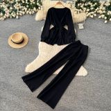 Fall Women’s V Neck Tie Front Knit Cardigan and High Waist Wide Leg Pants Two-Piece Set