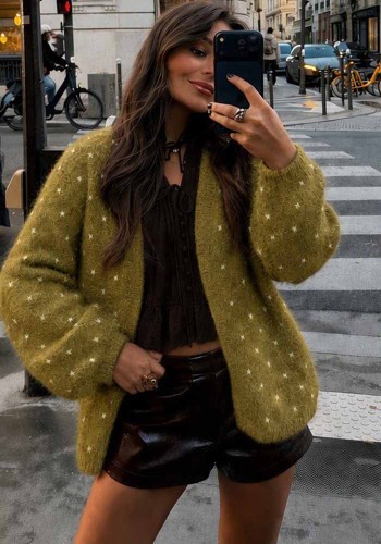 Women's Autumn Winter V Neck Polka Dot Jacquard Long Sleeve Sweater