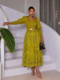 Women’s V Neck Puff Sleeve Lace Slim Waist Elegant Chic Midi Dress