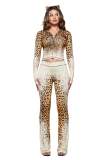Women's Casual Letter Print Leopard Zipper Hooded Top and Long Pant Two Piece Set