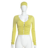 Women’s Ruched V Neck Button-Up Long Sleeve Top Slim Fit Pants and Headscarf Set