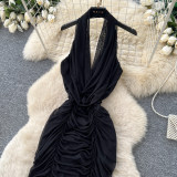 Fall Women’s Halter Neck Ruched Low Back Slim Fit Chic Holiday Maxi Dress