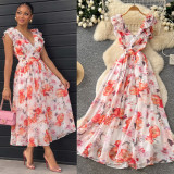 Women’s Printed V Neck Ruffle Slim Waist  A-Line Maxi Dress for Holidays