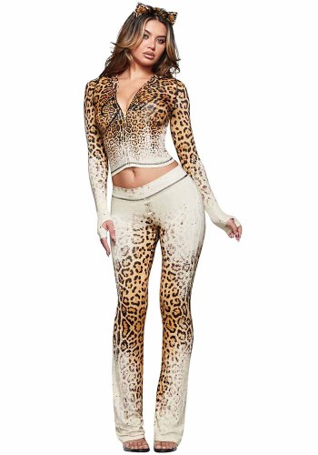 Women's Casual Letter Print Leopard Zipper Hooded Top and Long Pant Two Piece Set