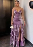 Fall Women’s Purple V Neck Strap Dress Cascading Ruffles Slim Waist Slim Fit Holiday Maxi Dress