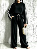 Women’s Loose Fit Patchwork Striped Round Neck Long Sleeve Top and Wide Leg Pants Two-Piece Set
