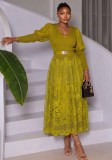 Women’s V Neck Puff Sleeve Lace Slim Waist Elegant Chic Midi Dress