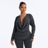 Fall Women’s Solid Color Sexy Deep V Neck Cowl Neck Long Sleeve Slim Fit Top