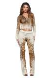 Women's Casual Letter Print Leopard Zipper Hooded Top and Long Pant Two Piece Set