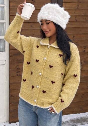 Women's Turndown Collar Heart Print Jacquard Knit Color Block Pearl Button Sweater