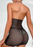 Women’s Sexy Mesh and Patent Leather Low Back Mini Dress Lingerie Set