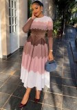 Fall Women’s Ruched Dress with Embellished Colorblock Details Slim Waist Slim Fit Pleated Midi Dress