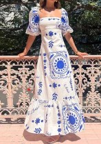 Women's Elegant Printed Lantern Short Sleeve Dress
