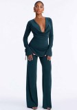 Fall Women’s Sexy Deep V Neck Cowl Neck Lace-Up Long Sleeve Top and Pants Set