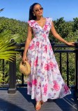 Women’s Printed V Neck Ruffle Slim Waist  A-Line Maxi Dress for Holidays