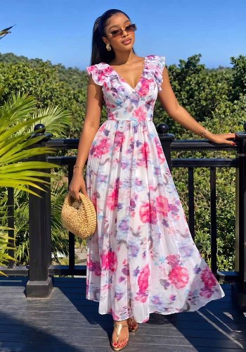 Women’s Printed V Neck Ruffle Slim Waist  A-Line Maxi Dress for Holidays