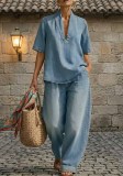 Summer Women’s Loose Fit Casual Solid Color Denim Two-Piece Pants Set