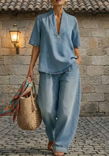 Summer Women’s Loose Fit Casual Solid Color Denim Two-Piece Pants Set