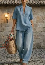 Summer Women’s Loose Fit Casual Solid Color Denim Two-Piece Pants Set Summer Women’s Loose Fit Casual Solid Color Denim Two-Piece Pants Set