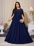 Women Plus Size Round Neck Beaded Embroidered Cape Sleeve Maxi Formal Party Evening Dress