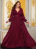 Plus Size Women's Ruffle Lantern Sleeve V Neck Chiffon Elegant Evening Dress