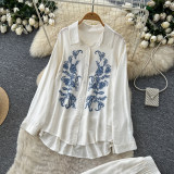 Fall Women’s Career Style Embroidered Long Sleeve Shirt and Wide Leg Pants Two-Piece Set