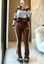 Women Color Block Patchwork Turndown Collar Long Sleeve Top and Bell Bottom Pant Two Piece Set