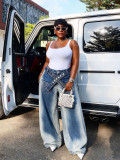 Women Asymmetric Cross Belt Embroidered Pocket Denim Pants