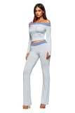 Women's Spring Summer Off Shoulder Letter Print Zipper Color Block Top and Long Pant Two Piece Set