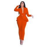 Women Casual Ruffled Blazer and Pant Two Piece Set