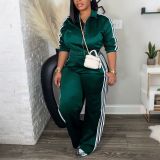 Women’s Streetwear Striped Long Sleeve Zip-Up Jacket and Wide Leg Pants Two-Piece Tracksuit