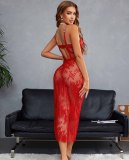 Women’s Red Black and White Underwire Lace Strap Low Back Long Slip Nightdress Lingerie Set