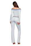 Women's Spring Summer Off Shoulder Letter Print Zipper Color Block Top and Long Pant Two Piece Set