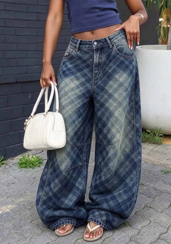 Women Deconstructed Plaid Jacquard Denim Pants