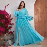 Plus Size Women's Summer Chiffon V Neck Long Sleeve Dress