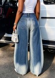Women Asymmetric Cross Belt Embroidered Pocket Denim Pants