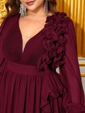 Plus Size Women's Ruffle Lantern Sleeve V Neck Chiffon Elegant Evening Dress