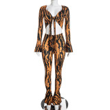 Women’s Printed Lace-Up Open Waist Long Sleeve Top Bell Bottom Pants Set
