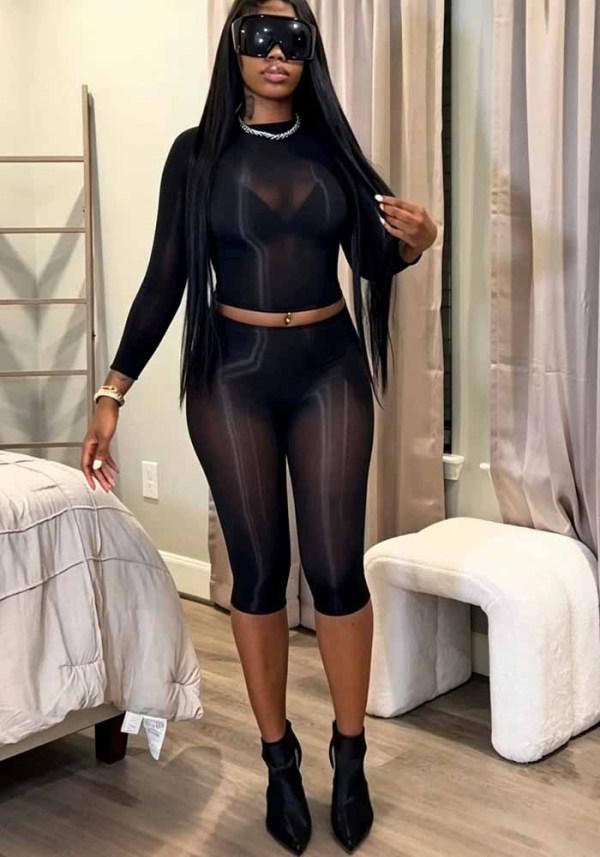 Women Sexy Stretch Shiny See Through Long Sleeve Top and Capri Pant Two Piece Set