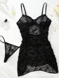 Women’s Sexy Sheer Lace Strap Low Back See-Through Slip Nightdress Lingerie Set