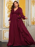 Plus Size Women's Ruffle Lantern Sleeve V Neck Chiffon Elegant Evening Dress