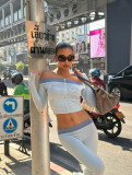Women's Spring Summer Off Shoulder Letter Print Zipper Color Block Top and Long Pant Two Piece Set