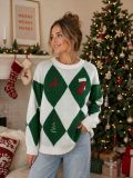 Women's Argyle Jacquard Knit Round Neck Christmas Sweater