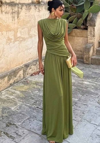 Women French Olive Green Ruched Maxi Dress