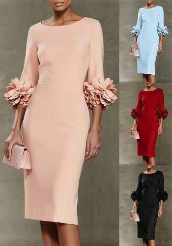 Women Round Neck Floral Solid Bodycon Dress