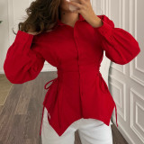 Women Spring Tie Solid Long Sleeve Blouse Top
