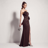 Women Pleated Floral Applique Strapless Slit Mermaid Formal Party Evening Dress