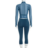Fall Women’s Solid Color Sexy See-Through Mock Neck Top and Slim Fit Pants Set